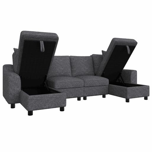 Sofá modular em U de 280 cm - 2 lugares com 2 chaise longues, arrumação rebatível, 2 almofadas, sofá de canto multifuncional em chenille - Cinza Sofá modular em U de 280 cm - 2 lugares com 2 chaise longues, arrumação rebatível, 2 almofadas, sofá de canto multifuncional em chenille - Cinza
