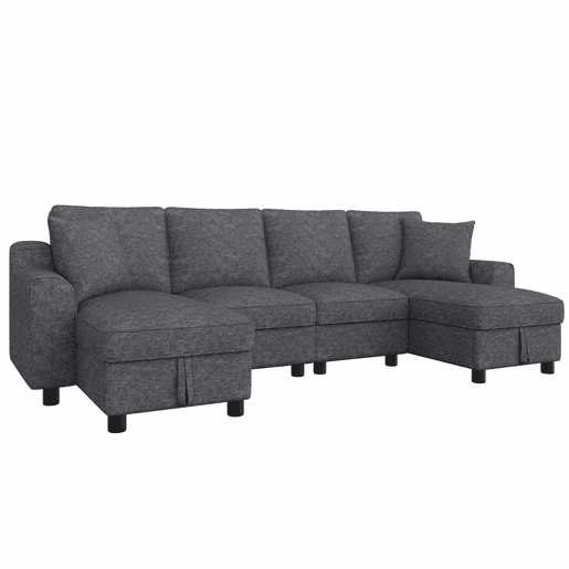 Sofá modular em U de 280 cm - 2 lugares com 2 chaise longues, arrumação rebatível, 2 almofadas, sofá de canto multifuncional em chenille - Cinza Sofá modular em U de 280 cm - 2 lugares com 2 chaise longues, arrumação rebatível, 2 almofadas, sofá de canto multifuncional em chenille - Cinza