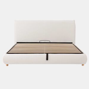 Cama estofada 180x200 cm - cama de casal com sistema hidráulico, base de colchão, cabeceira acolchoada, amplo espaço de arrumação, pés em madeira maciça - branco bouclé