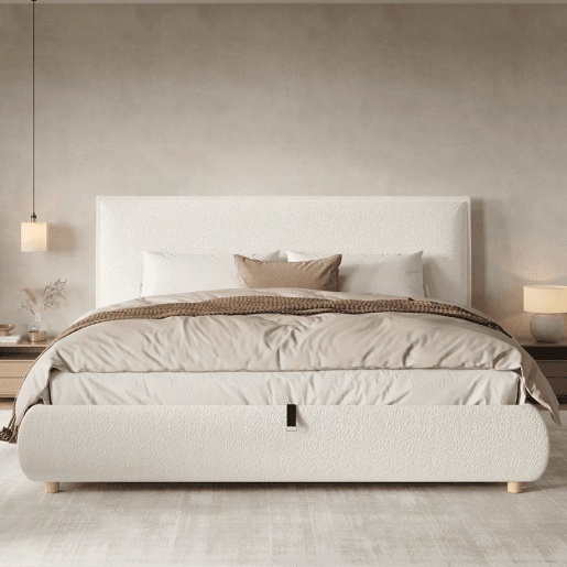 Cama estofada 180x200 cm - cama de casal com sistema hidráulico, base de colchão, cabeceira acolchoada, amplo espaço de arrumação, pés em madeira maciça - branco bouclé