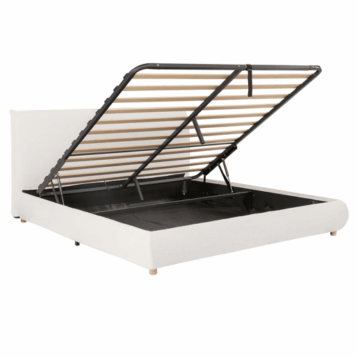 Cama estofada 180x200 cm - cama de casal com sistema hidráulico, base de colchão, cabeceira acolchoada, amplo espaço de arrumação, pés em madeira maciça - branco bouclé