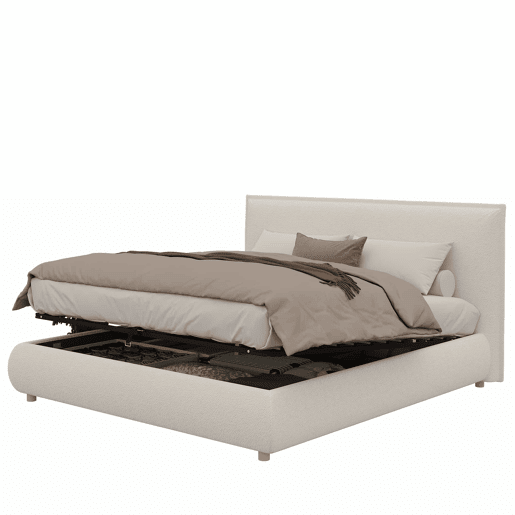 Cama estofada 180x200 cm - cama de casal com sistema hidráulico, base de colchão, cabeceira acolchoada, amplo espaço de arrumação, pés em madeira maciça - branco bouclé