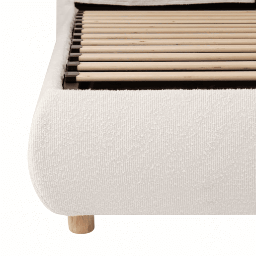 Cama estofada 180x200 cm - cama de casal com sistema hidráulico, base de colchão, cabeceira acolchoada, amplo espaço de arrumação, pés em madeira maciça - branco bouclé