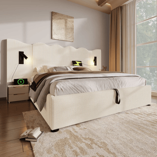 Cama de casal estofada 180x200 cm - com candeeiro de leitura, porta USB Type-C, espaço de arrumação, estrutura com base em madeira maciça e metal, tecido de veludo cotelê - Bege