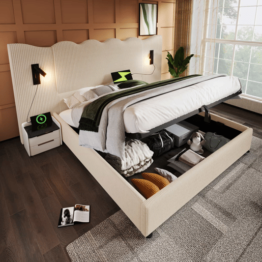 Cama de casal estofada 180x200 cm - com candeeiro de leitura, porta USB Type-C, espaço de arrumação, estrutura com base em madeira maciça e metal, tecido de veludo cotelê - Bege