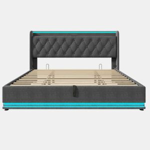 Cama estofada 180x200 cm - LED com comando à distância e aplicação, arrumação hidráulica, cabeceira almofadada com porta USB-C - Cinza