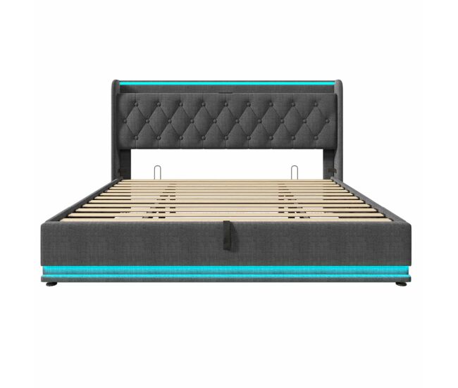 Cama tapizada 180x200 cm - led con mando a distancia y app, almacenamiento hidráulico, cabecero acolchado con usb-c - gris