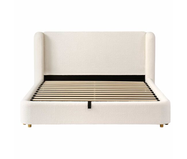 Cama tapizada doble 180x200 - cama hidráulica con somier de láminas, cabecero acolchado y gran espacio de almacenamiento - bouclé beige