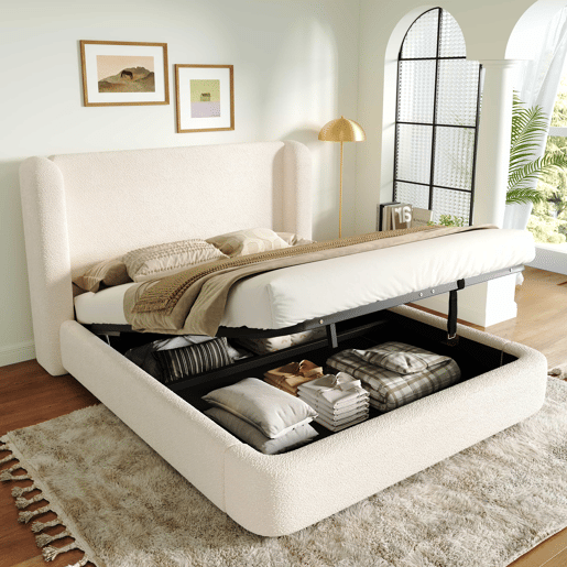 Cama de casal estofada 180x200 - cama hidráulica com base de lâminas, cabeceira acolchoada e amplo espaço de arrumação - bouclé bege