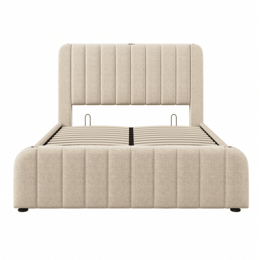 Cama estofada 160x200 cm - cabeceira acolchoada com detalhes dourados e porta USB Tipo C, compartimento de arrumação com sistema hidráulico - Bege