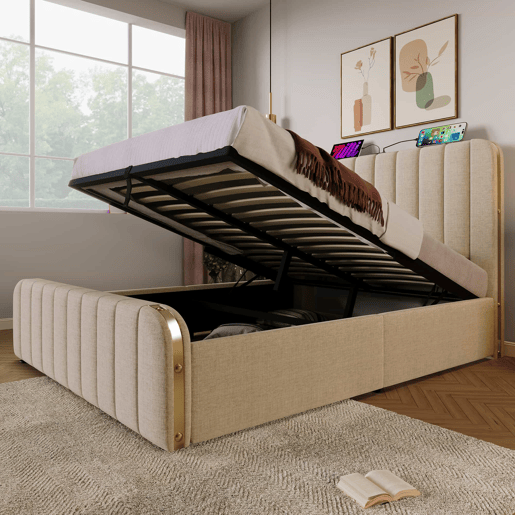 Cama estofada 160x200 cm - cabeceira acolchoada com detalhes dourados e porta USB Tipo C, compartimento de arrumação com sistema hidráulico - Bege