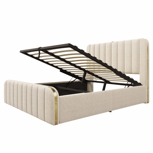 Cama estofada 160x200 cm - cabeceira acolchoada com detalhes dourados e porta USB Tipo C, compartimento de arrumação com sistema hidráulico - Bege