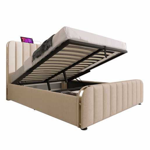 Cama estofada 160x200 cm - cabeceira acolchoada com detalhes dourados e porta USB Tipo C, compartimento de arrumação com sistema hidráulico - Bege