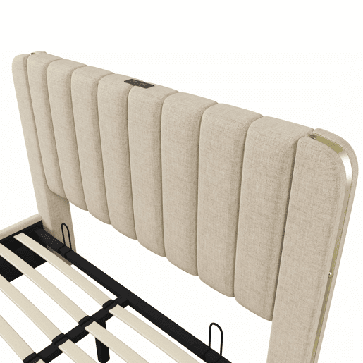 Cama estofada 160x200 cm - cabeceira acolchoada com detalhes dourados e porta USB Tipo C, compartimento de arrumação com sistema hidráulico - Bege