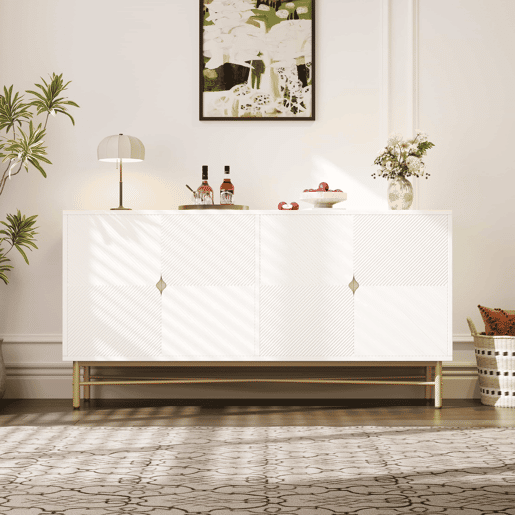 Aparador 160 x 40 x 82 cm - textura em relevo, quatro portas, puxadores dourados escovados, pés com acabamento de alto brilho - branco
