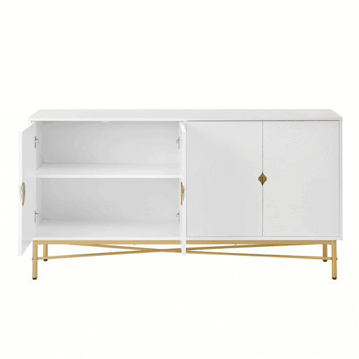 Aparador 160 x 40 x 82 cm - textura em relevo, quatro portas, puxadores dourados escovados, pés com acabamento de alto brilho - branco