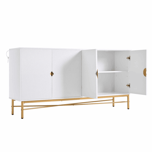 Aparador 160 x 40 x 82 cm - textura em relevo, quatro portas, puxadores dourados escovados, pés com acabamento de alto brilho - branco