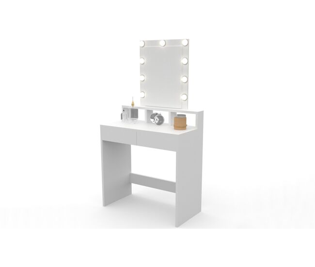 Tocador de maquillaje grande con espejo y luz led, mesa 2 cajones y 2 estantes. blanco dormidán
