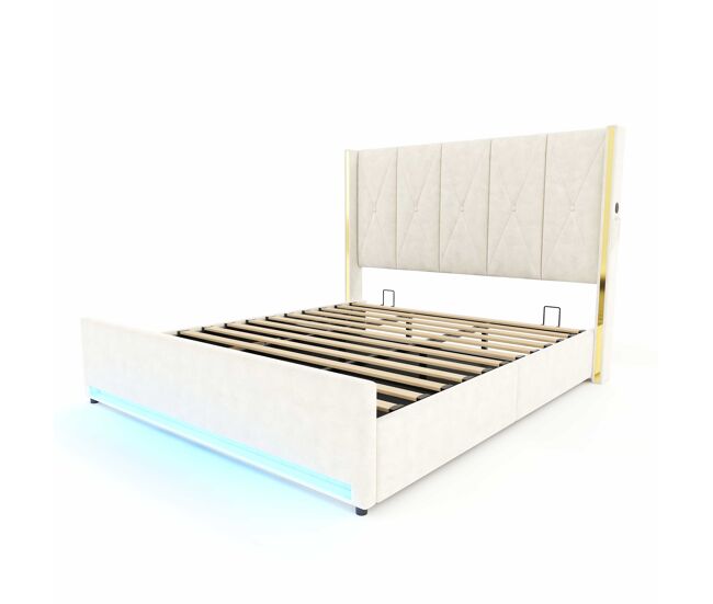 Cama de terciopelo 180x200cm - cabecera alta y acolchonada, con bolsillos laterales, usb y led, sistema hidráulico y gran espacio de almacenamiento
