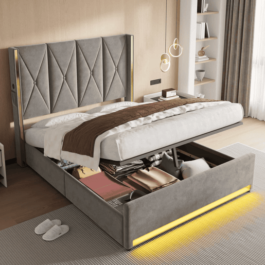 Cama de veludo 160x200 cm - Cabeceira alta, acolchoada e estofada, com bolsos laterais, USB e LED, sistema hidráulico e amplo espaço de arrumação por baixo da cama - Cinza escuro