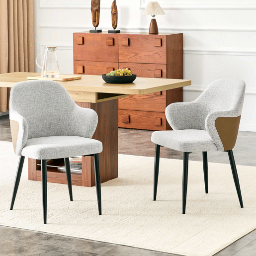 Conjunto de 2 cadeiras de jantar de 83 cm - Encosto com combinação de tecido cinzento claro e PU castanho, estrutura com pernas metálicas em forma de cruz - Cinza Claro, Castanho, Preto