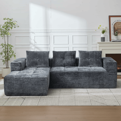 Sofá em L de 255 cm - clássico, minimalista e confortável, 3 lugares - cinzento