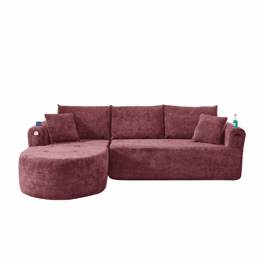 Sofá de canto em L Cloud Couch de 3 lugares - modelo pronto a montar, porta-copos em aço inoxidável resistente ao calor, tecido de linho respirável e resistente, bolsos laterais e braços - vermelho granada