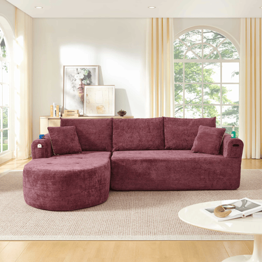 Sofá de canto em L Cloud Couch de 3 lugares - modelo pronto a montar, porta-copos em aço inoxidável resistente ao calor, tecido de linho respirável e resistente, bolsos laterais e braços - vermelho granada