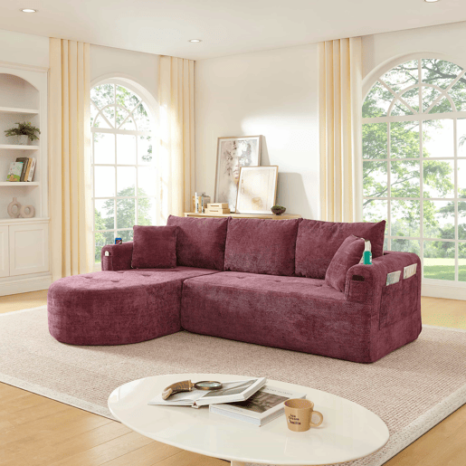 Sofá de canto em L Cloud Couch de 3 lugares - modelo pronto a montar, porta-copos em aço inoxidável resistente ao calor, tecido de linho respirável e resistente, bolsos laterais e braços - vermelho granada