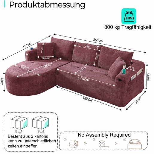 Sofá de canto em L Cloud Couch de 3 lugares - modelo pronto a montar, porta-copos em aço inoxidável resistente ao calor, tecido de linho respirável e resistente, bolsos laterais e braços - vermelho granada