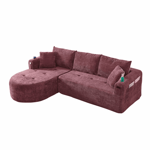Sofá de canto em L Cloud Couch de 3 lugares - modelo pronto a montar, porta-copos em aço inoxidável resistente ao calor, tecido de linho respirável e resistente, bolsos laterais e braços - vermelho granada