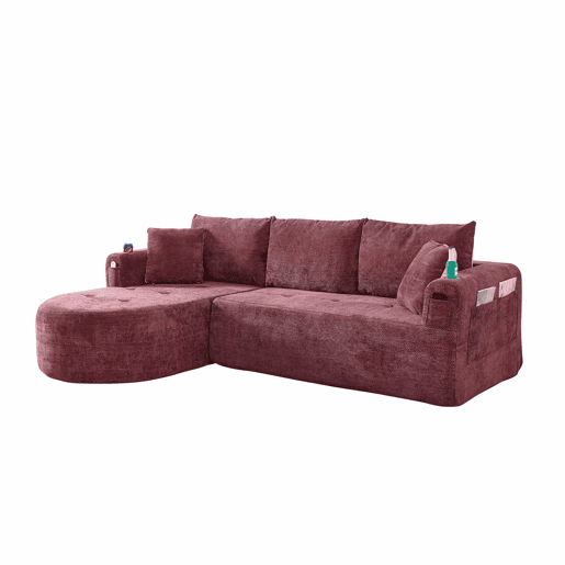 Sofá de canto em L Cloud Couch de 3 lugares - modelo pronto a montar, porta-copos em aço inoxidável resistente ao calor, tecido de linho respirável e resistente, bolsos laterais e braços - vermelho granada