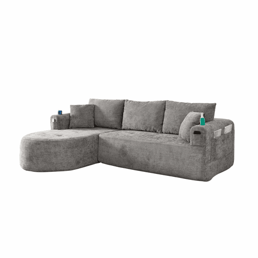 Sofá de canto em L de 3 lugares - Cloud Couch, sem montagem, com porta-copos em aço inoxidável resistente ao calor, capa em linho respirável e resistente, bolsos laterais e braços - Cinza