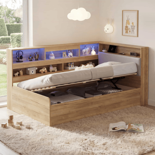 Cama individual 90 x 200 cm - cama com arrumação hidráulica, LED e porta USB - cor natural