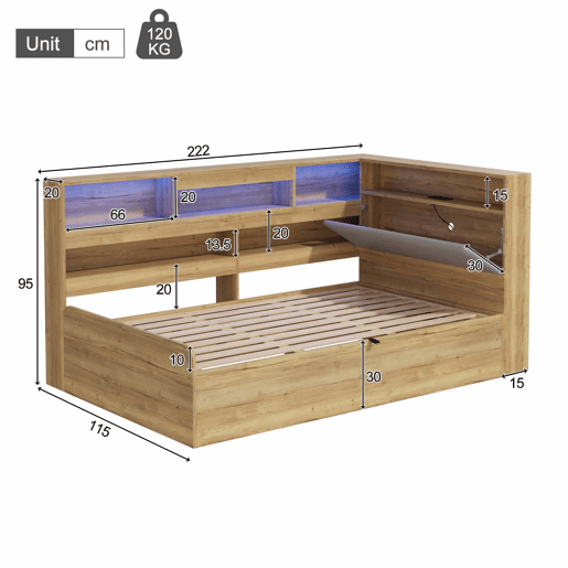Cama individual 90 x 200 cm - cama com arrumação hidráulica, LED e porta USB - cor natural