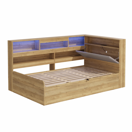 Cama individual 90 x 200 cm - cama com arrumação hidráulica, LED e porta USB - cor natural