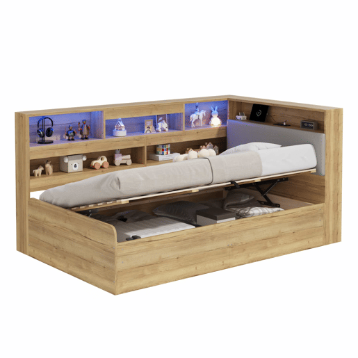 Cama individual 90 x 200 cm - cama com arrumação hidráulica, LED e porta USB - cor natural