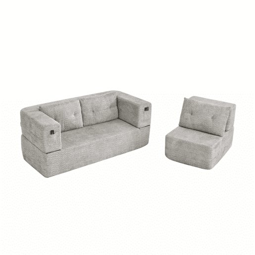 Sofá modular Nube de 3 lugares - sofá-cama sem montagem, dobrável, conversível, com bolsos laterais para telemóvel e comando, sofá de chão - cinzento claro