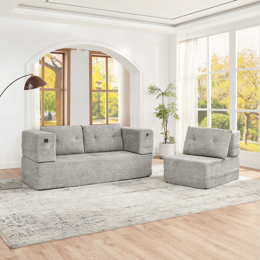 Sofá modular Nube de 3 lugares - sofá-cama sem montagem, dobrável, conversível, com bolsos laterais para telemóvel e comando, sofá de chão - cinzento claro
