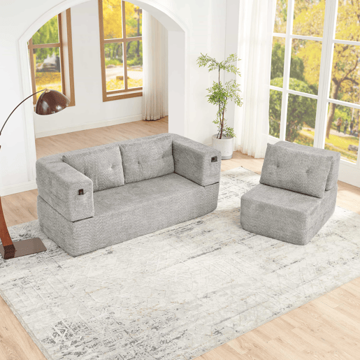 Sofá modular Nube de 3 lugares - sofá-cama sem montagem, dobrável, conversível, com bolsos laterais para telemóvel e comando, sofá de chão - cinzento claro