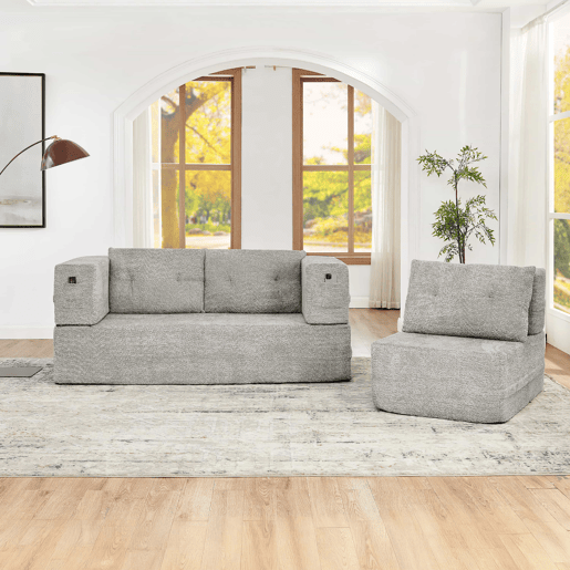 Sofá modular Nube de 3 lugares - sofá-cama sem montagem, dobrável, conversível, com bolsos laterais para telemóvel e comando, sofá de chão - cinzento claro