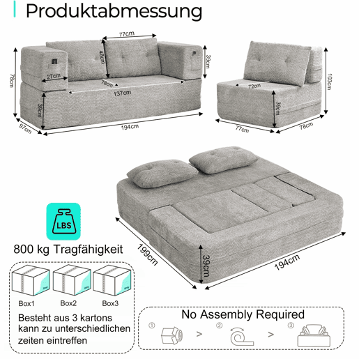 Sofá modular Nube de 3 lugares - sofá-cama sem montagem, dobrável, conversível, com bolsos laterais para telemóvel e comando, sofá de chão - cinzento claro