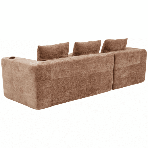 Sofá em L de 255 cm - clássico, minimalista e confortável, com três almofadas - castanho claro