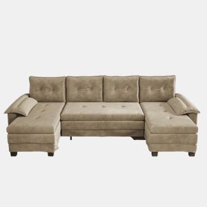 Sofá seccional de 4 lugares, 278 cm - sofá em U convertível com cama extraível, porta USB, braços removíveis, design modular extragrande e moderno - cor camelo