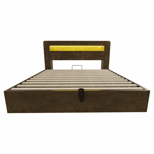 Cama de plataforma 180x200 - com arrumação, sistema hidráulico, cabeceira com LED e tomadas integradas - madeira vintage