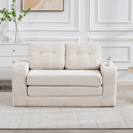 Sofá pufe modular de 2 lugares - com porta-copos, bolsos laterais, conversível, sem estrutura, com almofadas acolchoadas e encosto - bege