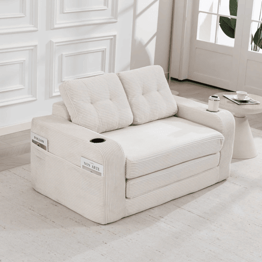 Sofá pufe modular de 2 lugares - com porta-copos, bolsos laterais, conversível, sem estrutura, com almofadas acolchoadas e encosto - bege