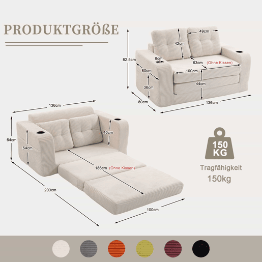 Sofá pufe modular de 2 lugares - com porta-copos, bolsos laterais, conversível, sem estrutura, com almofadas acolchoadas e encosto - bege
