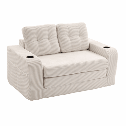 Sofá pufe modular de 2 lugares - com porta-copos, bolsos laterais, conversível, sem estrutura, com almofadas acolchoadas e encosto - bege