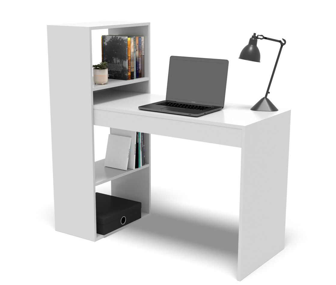 Escritorio estudio con estanteria de baldas, mesa de ordenador, mesa auxiliar, oficina, 120 x 49,5 x 117 cm blanco dormidán